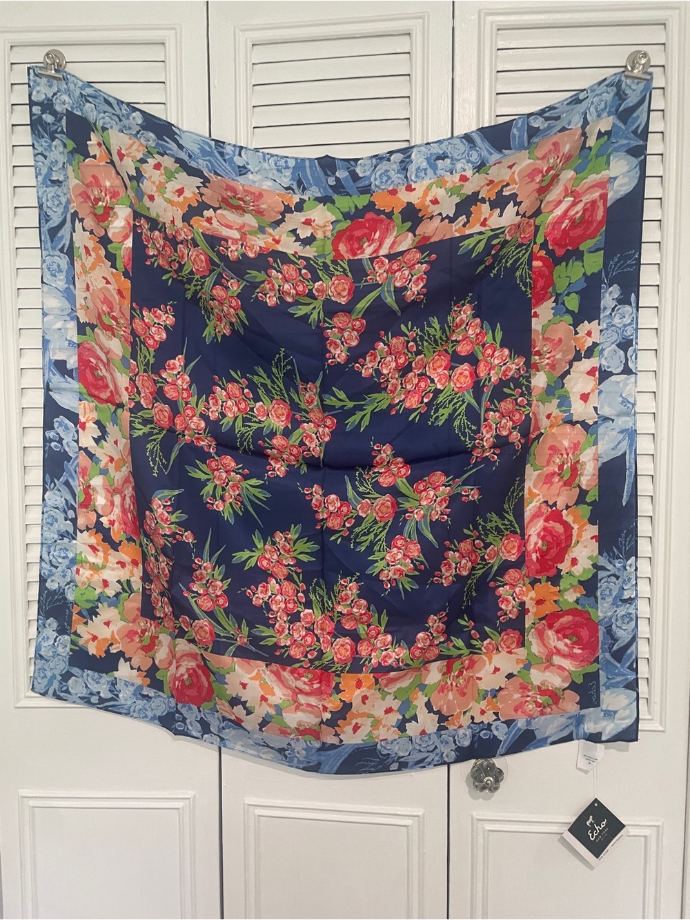 Echo Floral Silk-Look Scarf in Navy, Pink, Green, Blue